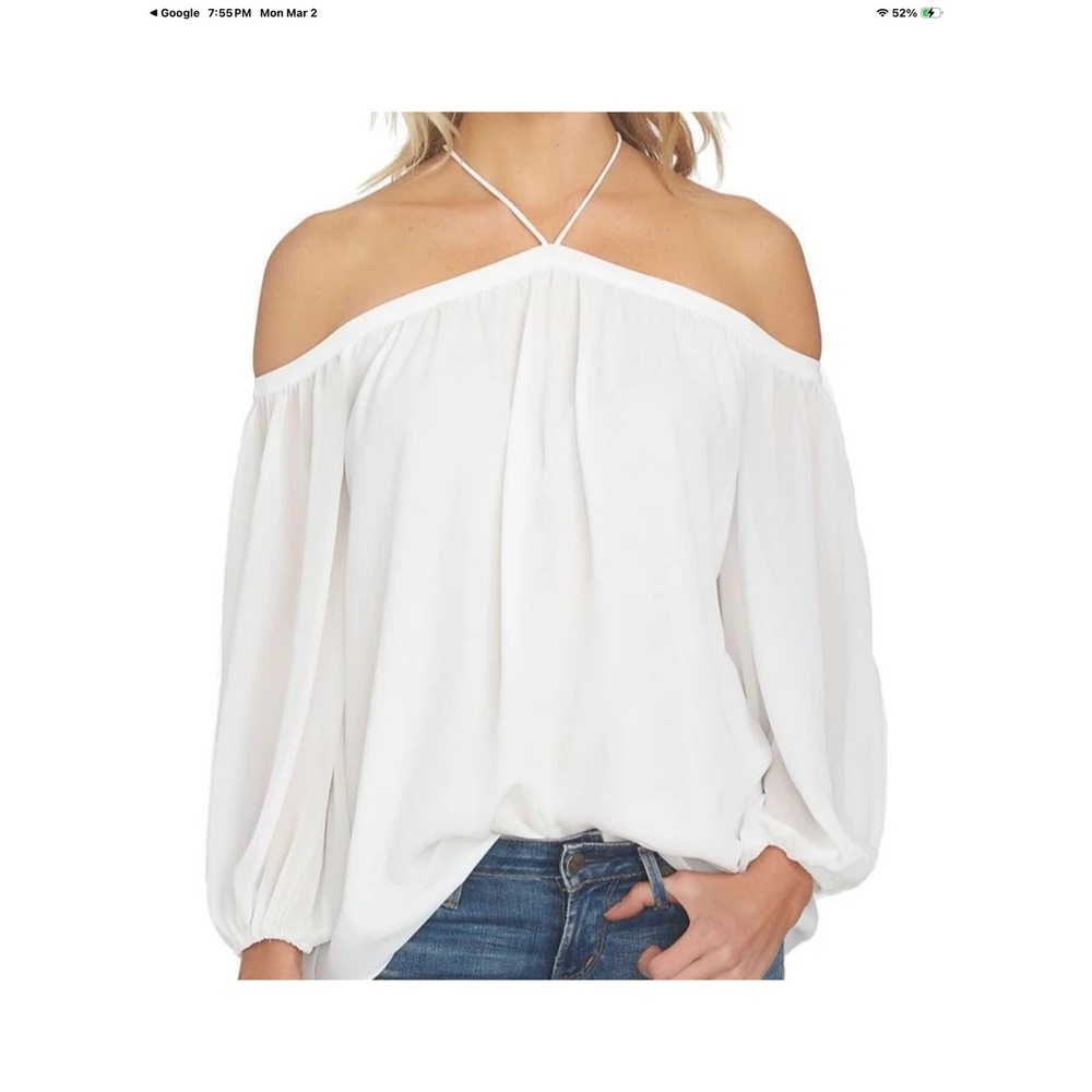 1.STATE Blouse Off The‎ Shoulder Halter M White Chiffon Balloon Sleeve RN 51323